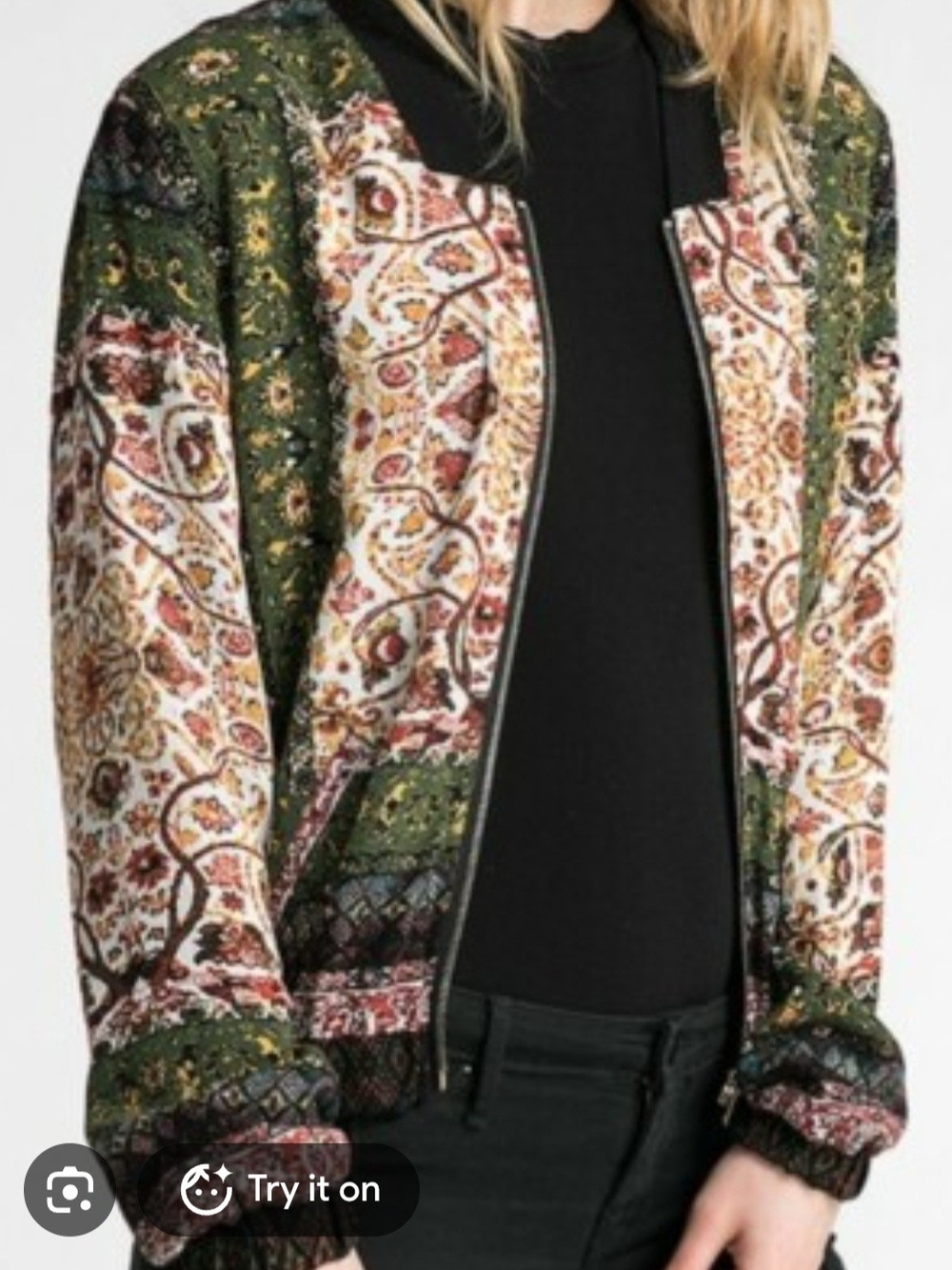 Boho Jane Woven Paisley Bomber Jacket in Green and Cream. Size M